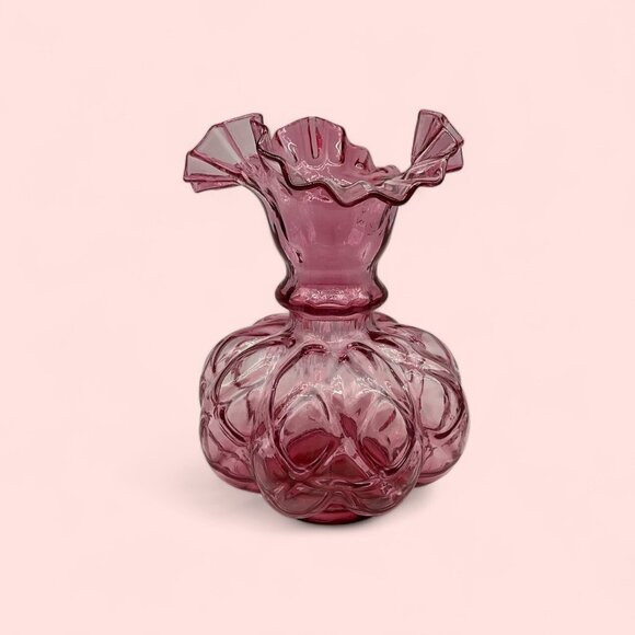 FENTON Cranberry Melon Vase Art Glass Optic Coin Dot Vase Ruffled Edge 8" Tall - Picture 3 of 16